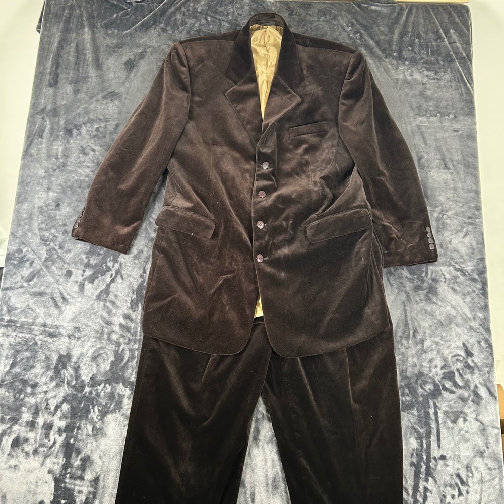 Stacy Adams Suit Mens 44R Brown Velvet 2pc Blazer Pleated Pants 38W 3898